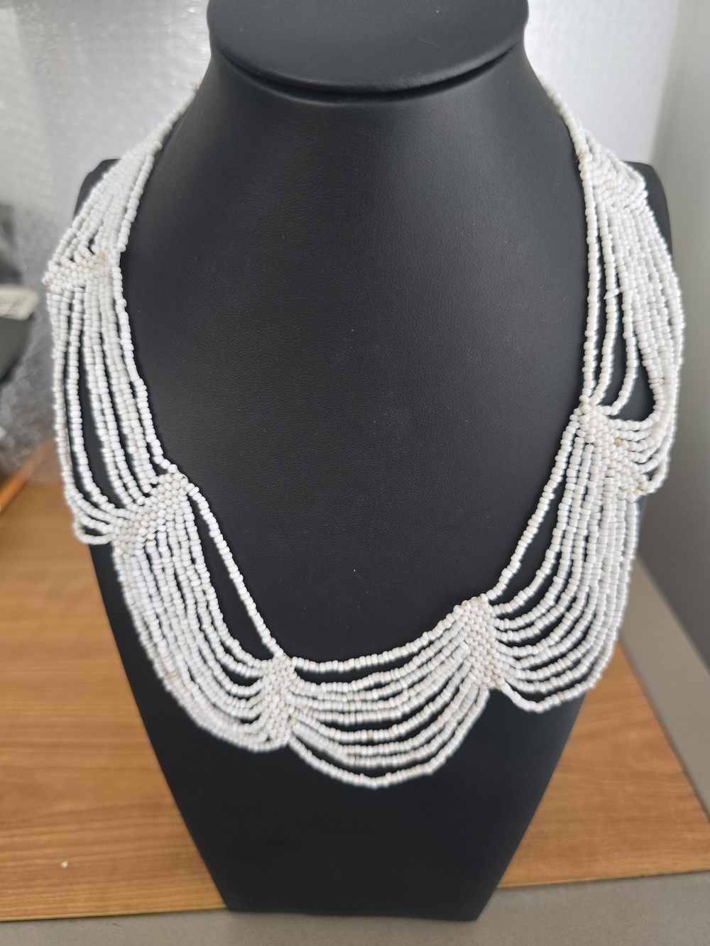 Vintage Multi-Strand White Seed Bead Bib Necklace Draped Scallop Festoon